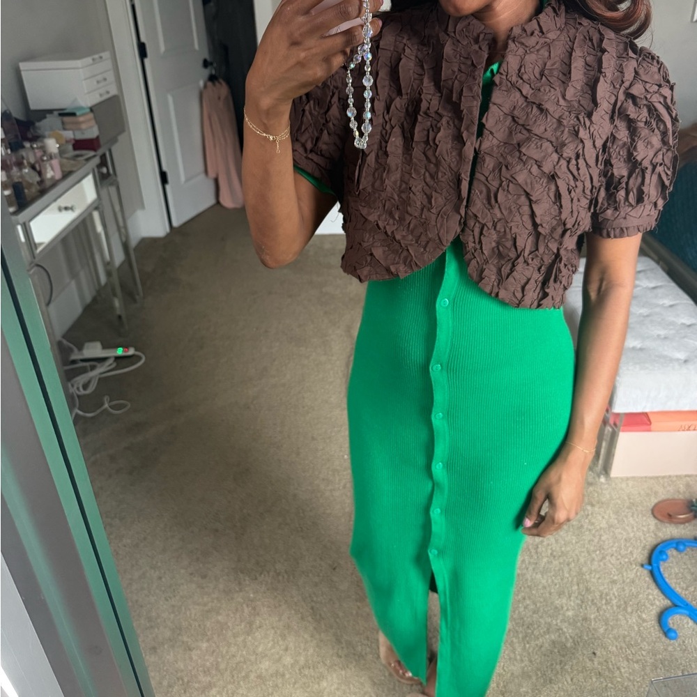 Brown Textured Cropped Jacket with Green Button-Up Skirt Set